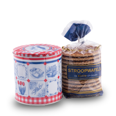 Een tegeltjes blik met 12 Eweno stroopwafels