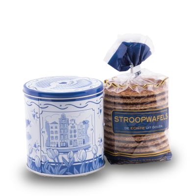 Een modern delftsblauw blik met 12 Eweno stroopwafels